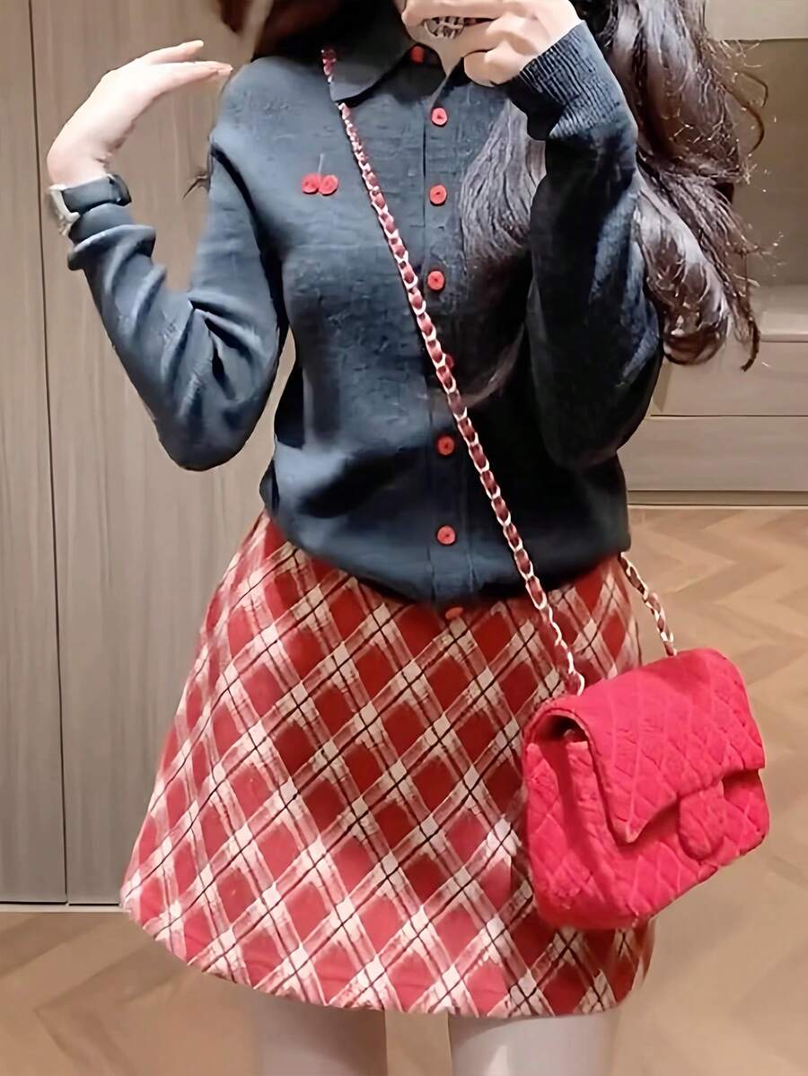Y6Y Spring New Red Plaid High Waist Slimming Women Skirt - Red - View 1