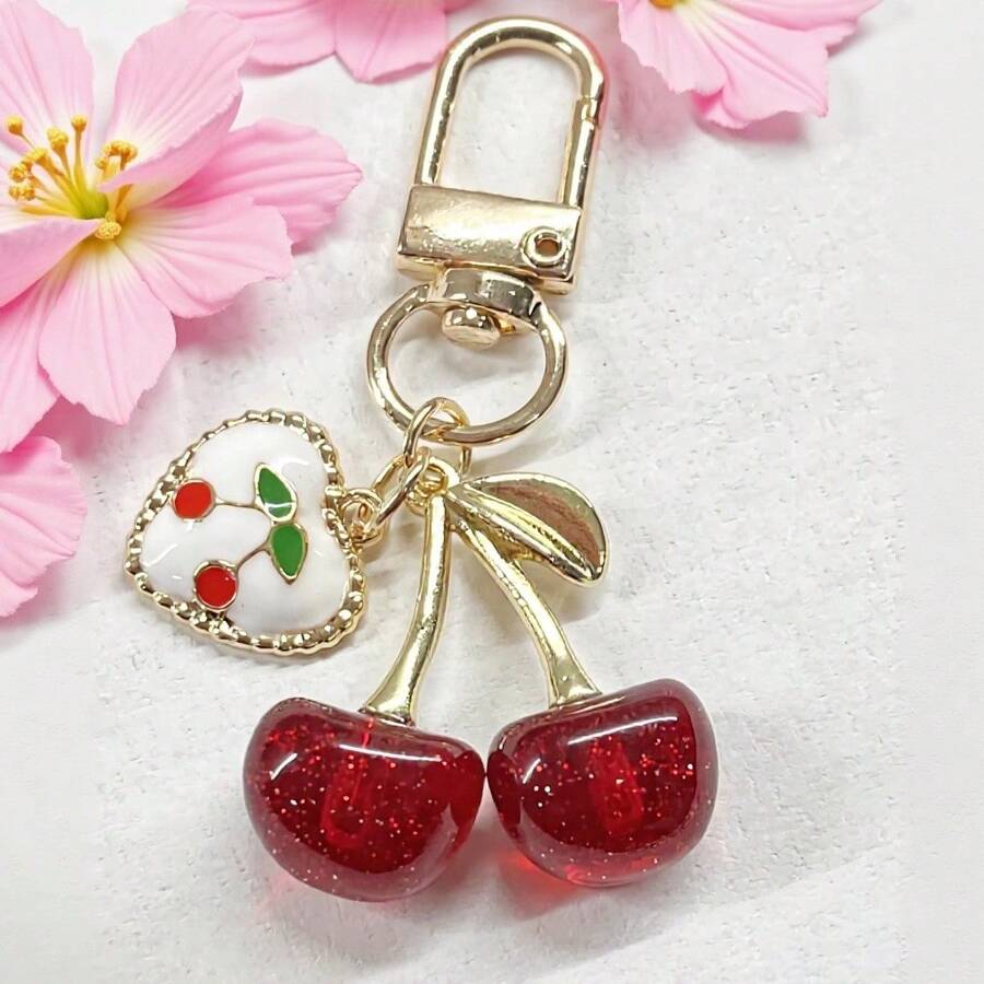 1 chiếc móc khóa hình quả anh đào giả bóng bẩy mới dành cho nữ, phụ kiện móc khóa hình trái cây 3D tinh tế thời trang dùng trang trí túi xách/điện thoại. - Nhiều màu - Xem 1