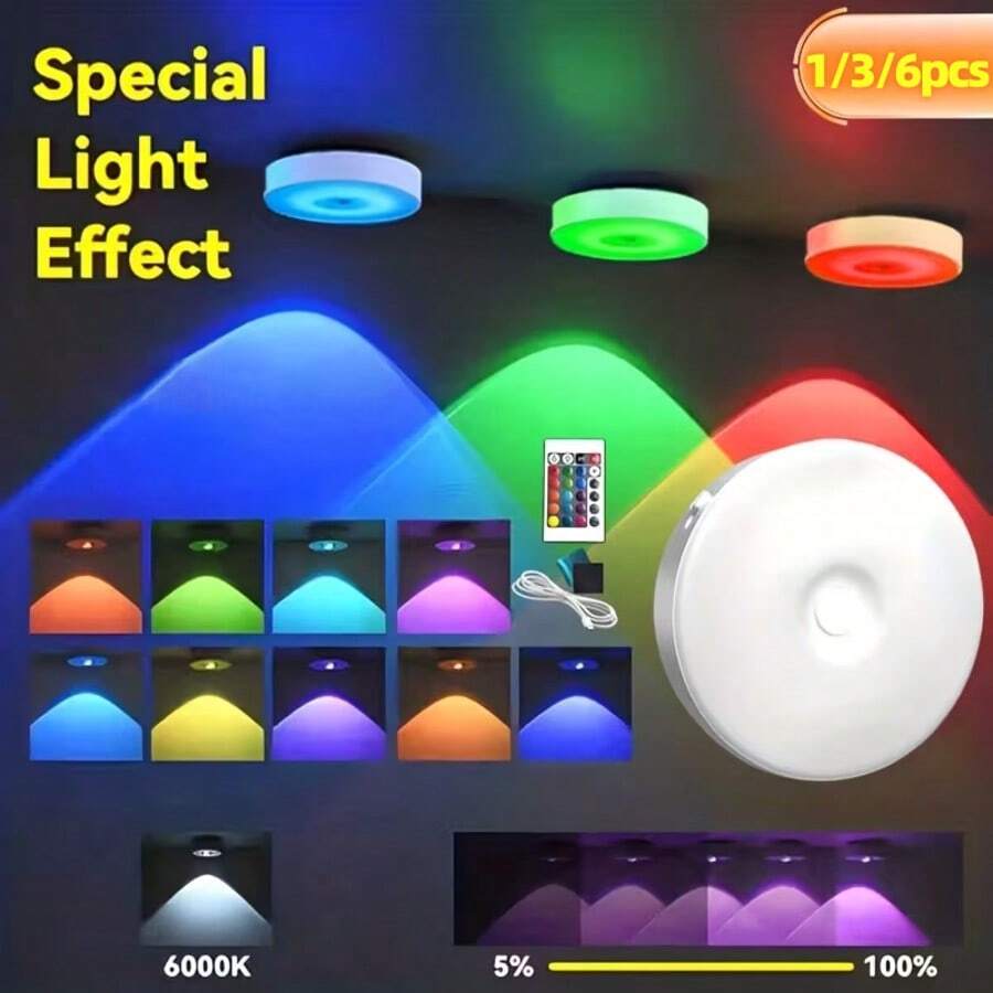 Bộ 1/3/6 đèn LED từ tính sạc USB có điều khiển từ xa và chức năng hẹn giờ điều chỉnh độ sáng, thích hợp cho phòng ngủ, tủ quần áo, tủ đựng đồ, đầu giường, hành lang và tủ trưng bày (250mAh)
