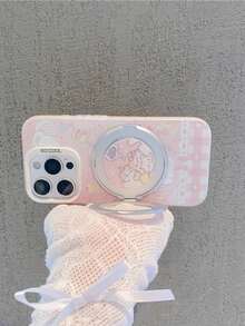 1pc Cute Pink Butterfly & Kitten Pattern Protective Phone Case With Glitter, Metal Ring Holder, Compatible With IPhone 11/12/13/14/15/16/17/Pro Max - Pink - View 3