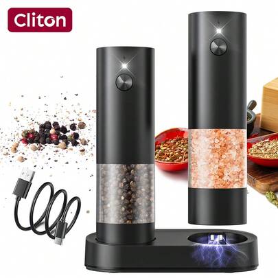CLITON Bộ 2 máy xay tiêu và muối điện - Đế sạc, hộp đựng gia vị trong suốt dung tích lớn 140ml, độ mịn điều chỉnh được, đèn LED, cối xay bằng gốm, dễ dàng đổ đầy từ phía trên + đế sạc để cất giữ - Món quà nhà bếp hoàn hảo cho tân gia, bữa ăn hàng ngày, ngày lễ.