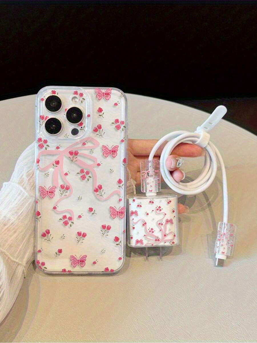 4pcs Transparent TPU Floral & Bowknot Pattern Charger Cable Protector Case + Matching Phone Case Compatible With 20W Fast Charging Compatible With IPhone 13/13 Pro/13 Pro Max/13 Mini - Black and White - View 1