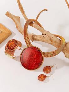 1 Set Handmade Exaggerated Multi-Layer Aluminum Wire Woven Resin Chain Bohemian European Middle Eastern Style Necklace, Earrings, Bracelet Set For Women, Suitable For Evening Party, Vacation - Orange - View 4