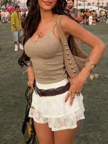 Áo hai dây dệt kim gân vàng ánh kim dành cho nữ, kiểu dáng thường ngày, thời trang ôm sát, thích hợp mặc đi dự tiệc, chất liệu sợi ánh kim. - Lạc đà - Xem 5