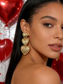 ZA 女士大胆叠层爱心耳环 | 多色纹理设计 | 情人节礼物首饰 - 三個心 - 查看 13