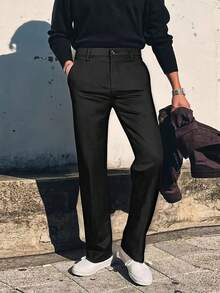 男士透气柔软直筒商务休闲裤，修身西装裤，宽松简约复古西装裤 - 黑色 - 查看 10