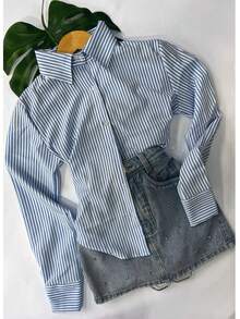 Polyester Button-Down Shirt, Everyday Wear, Spring/Summer/Winter - 淺藍色條紋 - 查看 1