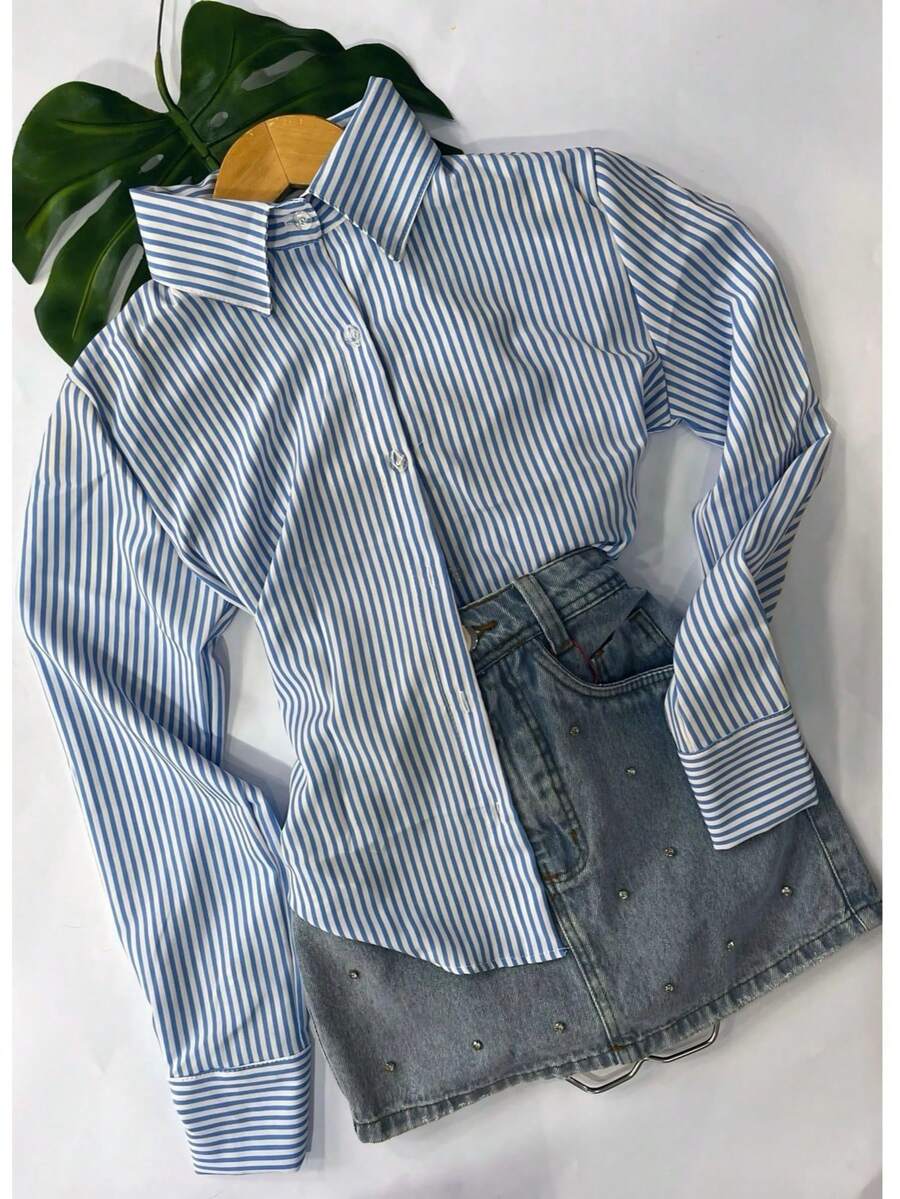 Polyester Button-Down Shirt, Everyday Wear, Spring/Summer/Winter - 淺藍色條紋 - 查看 1