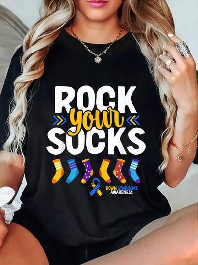 100% Cotton  Day Rock Your Socks  Awareness T-Shirt Round Neck Short Sleeve T-Shirt Women's Men's Graphic Tee