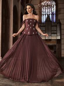 Elegant Diamond Decorated Formal Dress, Women's Sleeveless Backless Pleated Solid Color Gown For Charity Ball, Banquet, Birthday Party - Chocolate Brown - View 5