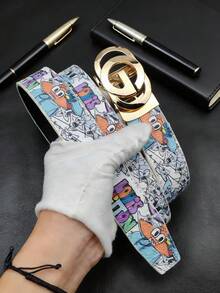 1pc Men's Automatic Buckle Belt, Cartoon Hawaiian Print Casual G-Buckle Letter Buckle, Youth Business Casual Street Style Asymmetrical Print Belt, 120cm Length - Multicolor - View 9