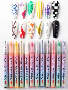 FULL BEAUTY 12 bút vẽ móng nghệ thuật graffiti khô nhanh, chống thấm nước, màu kim loại vàng, bạc, đen, trắng, hồng, bút vẽ móng nghệ thuật graffiti gel UV, thiết kế DIY, đường nét trừu tượng, dụng cụ làm móng acrylic, vật tư làm móng. - Nhiều màu - Xem 2
