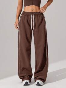 1pc Women's Waffle Knit Loose Straight Leg Drawstring Waist Contrast Color Simple Fitness Sports Pants, Spring/Summer - Brown - View 5