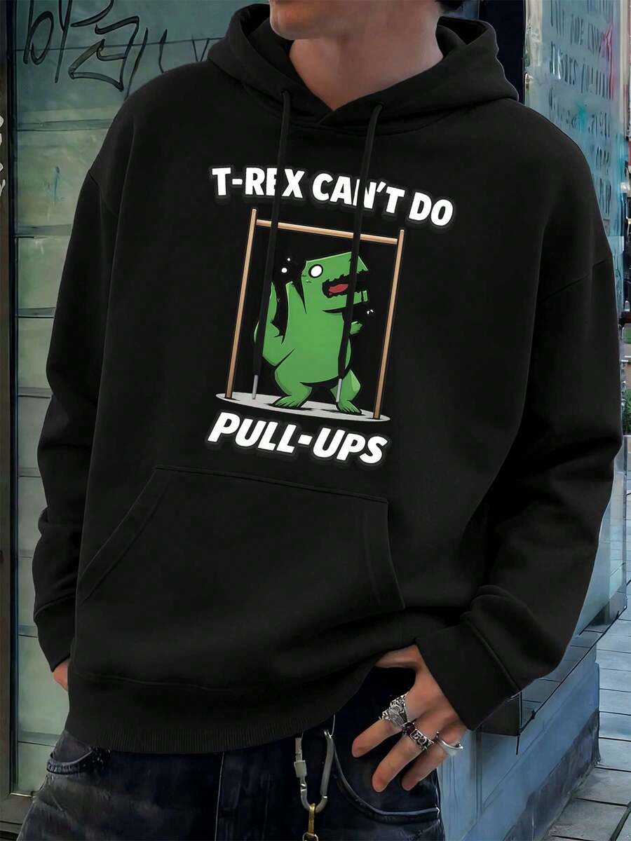 Lustiger Hoodie mit Dinosaurier-Print, Herbst, Rundhalsausschnitt, lockere Passform, Hip-Hop-Streetstyle, auffälliger Print - Schwarz - Übersicht 1