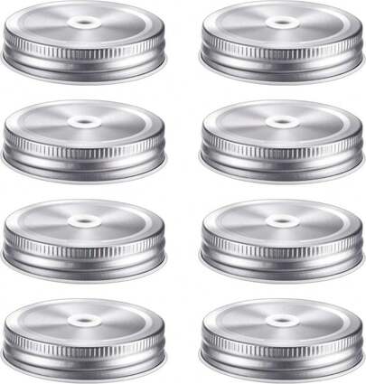 Mudder 8 Pieces Metal Regular Mouth Mason Canning Jar Lids With Straw Hole Leak Proof Reusable Jar, 2.75 Inch (Silver)