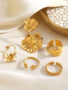 5pcs/Set Stainless Steel 18K Gold Plated Flower & Star Shaped Ring Set, Suitable For Women's Daily, Party Wear, Holiday Gift - Yellow Gold - View 4