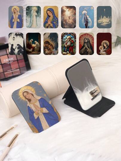 1 件复古宗教主题折叠化妆镜，小巧便携，配有 PU 皮革支架，适合各种场合，饰有优雅的圣母玛利亚和天使耶稣诞生的艺术图案