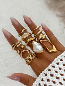 12pcs Vintage Gold Tone Open Rings Set, Creative Geometric Asymmetrical Lava Teardrop Rings, Exaggerated Hollow Design Rings, Baroque Asymmetric Pearl Decor Rings - Yellow Gold - View 7