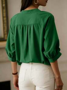 女士时尚亨利领七分袖常规版型衬衫，采用无弹力梭织面料，饰有纽扣细节 - 綠色 - 查看 3