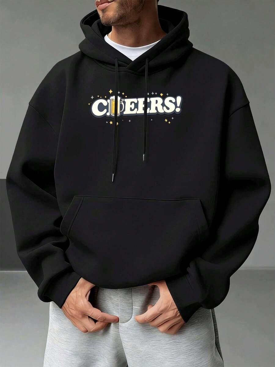 Men's Hoodie, Cheers Beer Graphic Design, Premium Cotton, Loose Fit, Breathable, Street Hip Hop, Artistic Print. - Black - View 1