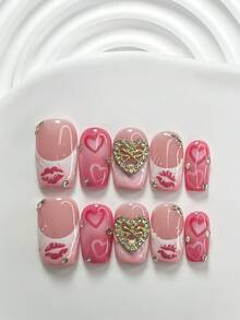 10pcs Romantic Valentine's Day Handmade Nail Art Set, Sexy Lip Nail Decor, Metallic Heart Nail Accessories, White & Pink Gel Nails, French Press-On Nails, Heart Pattern, Ombre Pink, 3 Shapes: Almond, Square, Coffin, Includes Tool Kit, Suitable For Sweet Ladies & Girls, Valentine's Day, Party, Daily Nail Care Nail Supplies Handmade Press On Nails - 彩色 - 查看 11