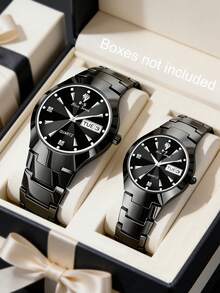 2pcs/Set Stainless Steel Men Women Couple Watches, Alloy Band Dial And Dual Calendar Date Display, Rhinestone Inlaid Marker Quartz Wristwatch, Valentine's Day Gift - Black - View 1