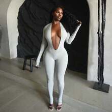 Women's Fashion Sexy Backless Deep V Long-Sleeved Solid Color Tight Jumpsuit - Xám - Xem 5