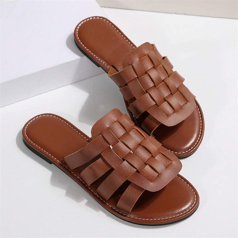 Outdoor Summer Sandals Walking Travel Shoes Slides For Women Flats Round Toe Braided Dressy Comfy Closed Toe Woven Vacation Mules - 棕色 - 查看 1