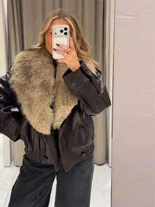 纯色可拆卸长袖仿毛领皮夹克，秋冬季 - 棕色 - 查看 5