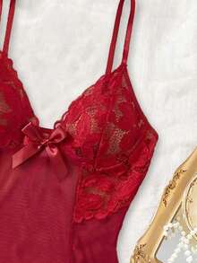 Sexy Lace Mesh Camisole Nightgown - Burgundy - View 6