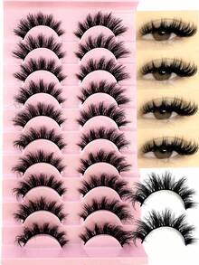 10 paires de faux cils en fourrure de vison moelleux, fins, épais, bouclés, styles naturels 3D, convenant pour les fêtes, le port quotidien, forme d'œil de chat, adaptés à diverses occasions - Noir - Voir 2