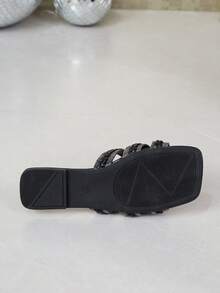 沙滩拖鞋，舒适平底凉鞋，时尚编织镶钻度假鞋