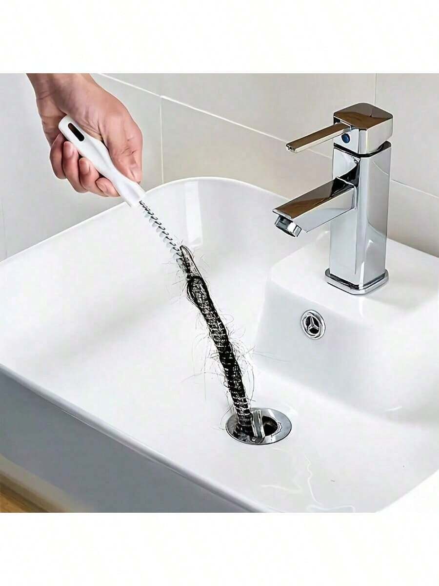 1pc Flexible Drain Brush, Drain Cleaning Tool, Bathroom Accessory Drain Pipe Unclogging Tool, Sink Overflow Cleaning Brush, Household Drain Hair Catcher - White - View 1
