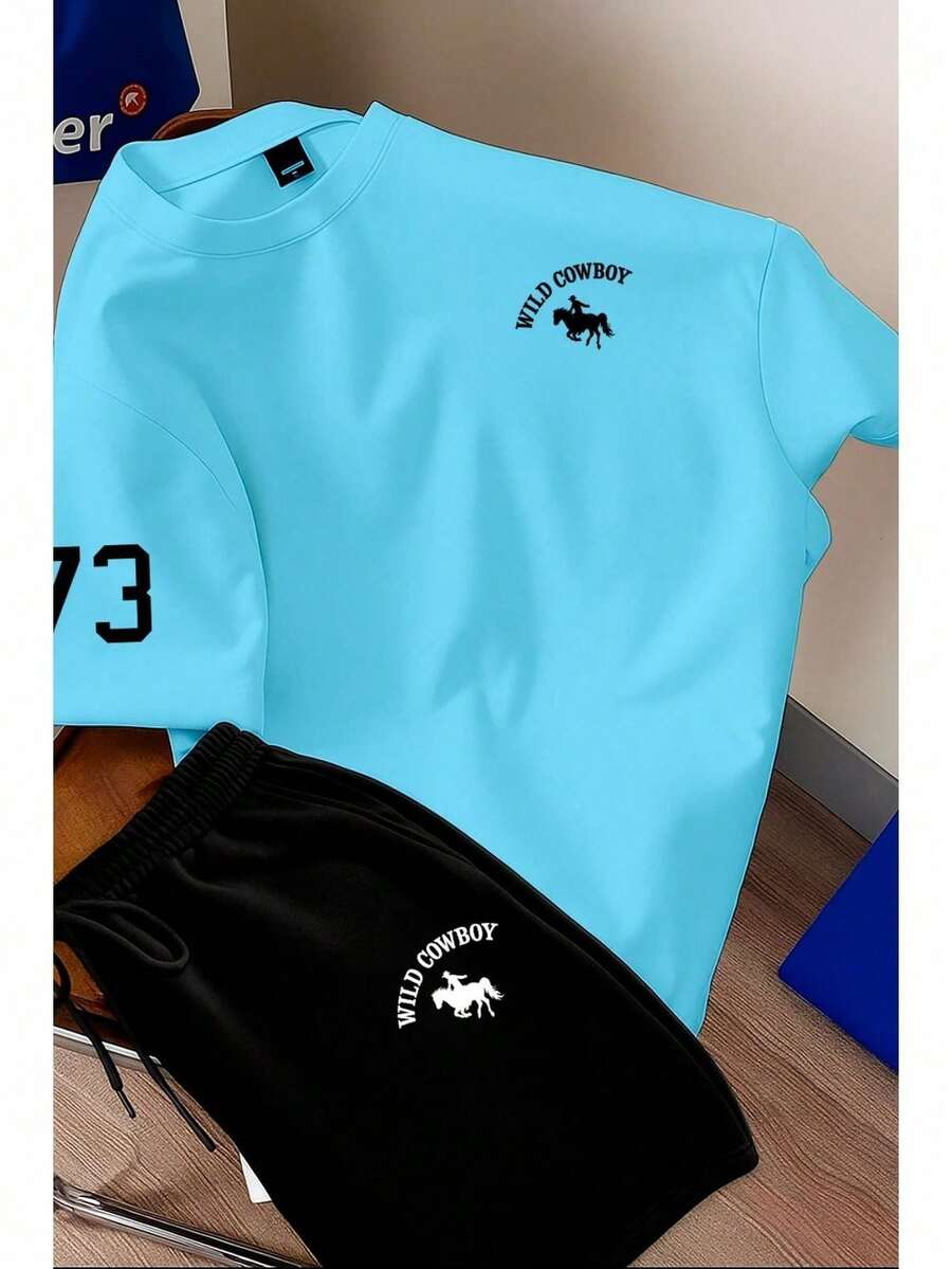 Men's T-Shirt And Shorts Set - New Summer Collection - Modern - Premium Cotton - 淺藍色 - 查看 1