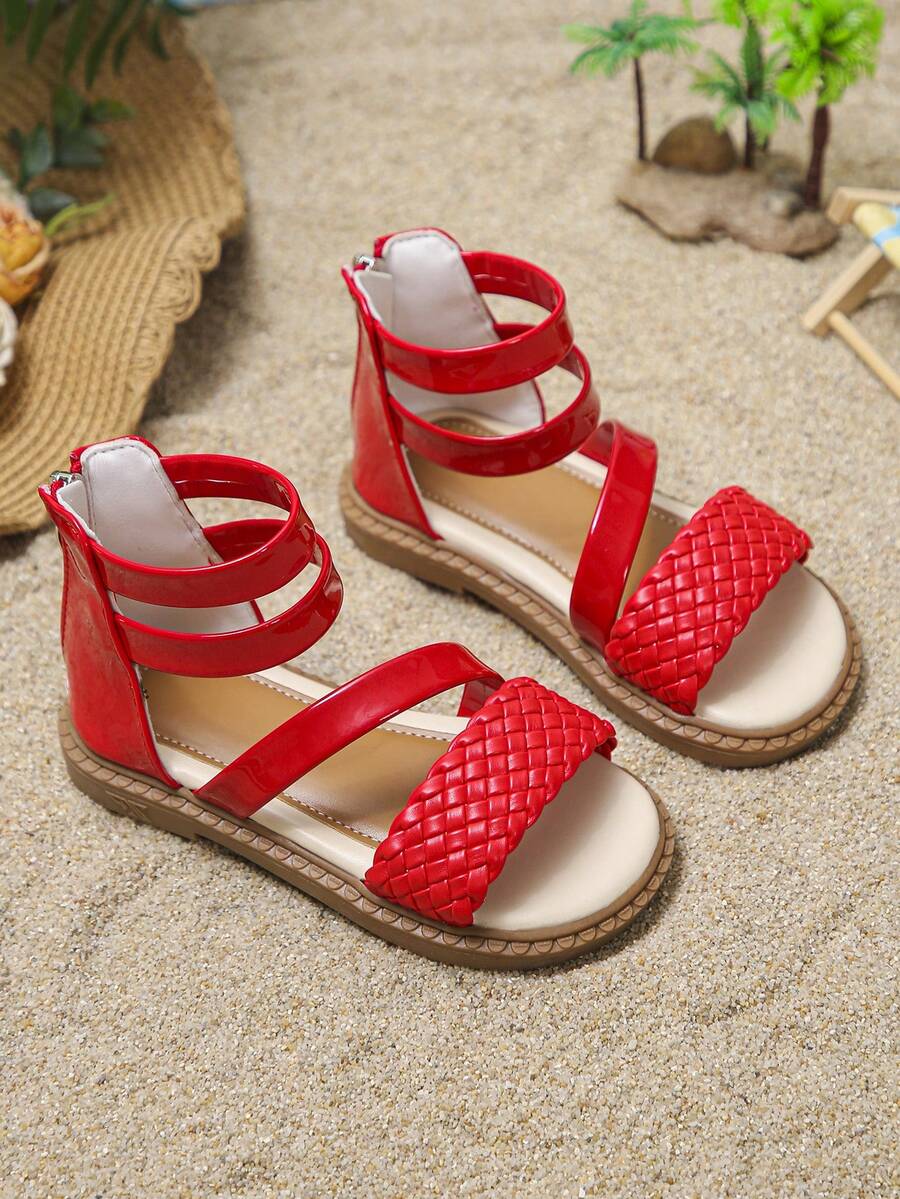 2026 Spring/Summer New Girl's Pearl Sequin Sandals, Double Ankle Strap Flat Roman Sandals, Versatile For Party, Vacation