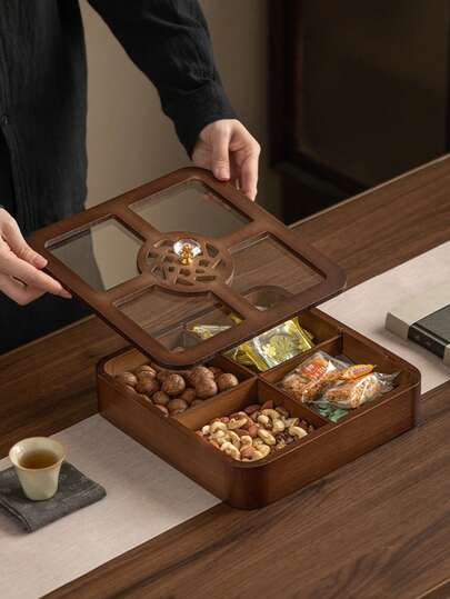 1pc Wooden Tray With Dust Cover, Divided Circular Serving Platter, Cafe Dessert Tray, Storage Dish, Cake & Snack Plate, Suitable For Eid, Valentine's Day, Chinese New Year