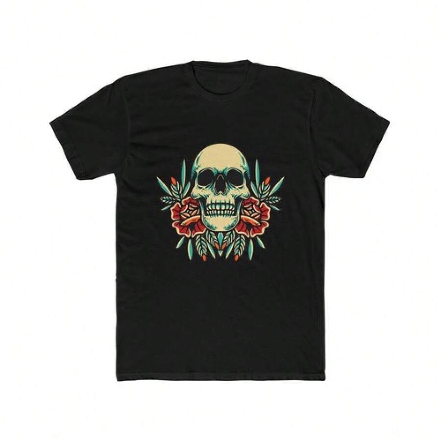 Unisex Old School Tattoo T-Shirt With Traditional Roses And Skull - White - View 1