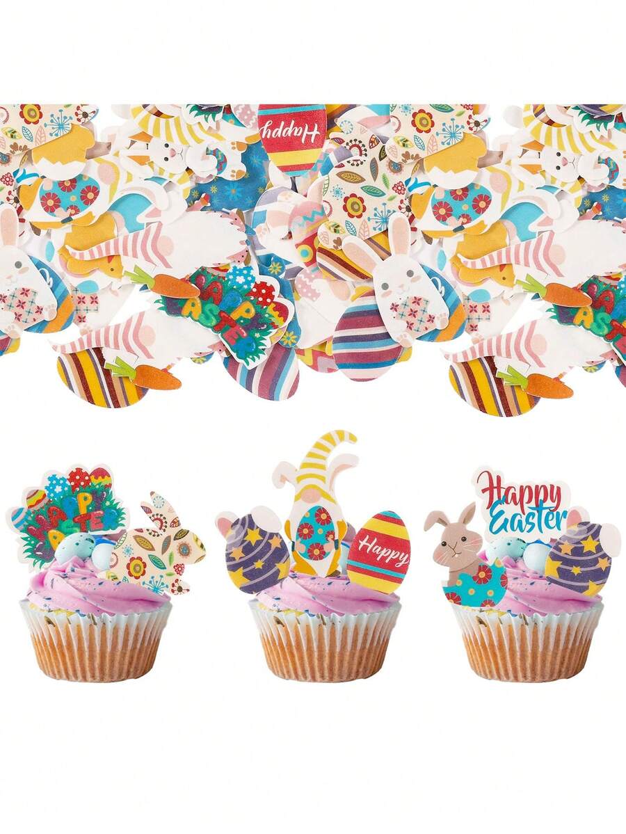 72pcs Easter Theme Cupcake Decorations, Including Rabbit Shaped Cake Toppers, Suitable For Easter Theme Baby Shower Birthday Party Cake Decorations, Rabbit Theme Party - Multicolor - View 1