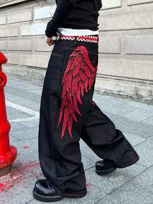 1pc American Street Style Men's Printed Wide Leg Jeans, Fashionable Loose Fit Washed Denim Pants, Comfortable For All Seasons (No Belt Or Accessories) - màu đen - Xem 6