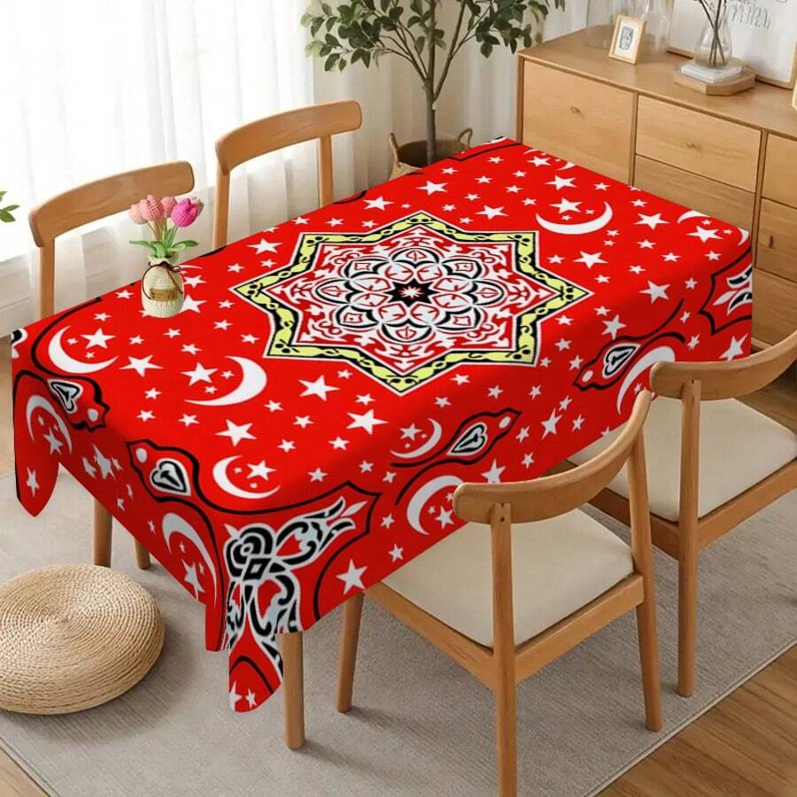 1pc Ramadan Crescent Moon Geometric Tablecloth, Red Festive Eid Al-Fitr Decoration For Restaurant, Home Eid Gift, Polyester Material, Suitable For Family Gathering, Party, Picnic, Indoor & Outdoor Wedding - Multicolor - View 1