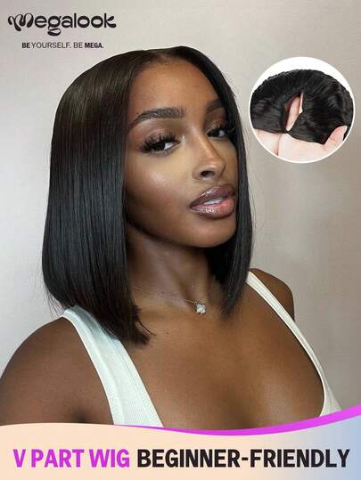 MEGALOOK V型分缝直发假发，100%真人发，无胶假发，女士直发波波头假发，巴西雷米真人发，自然色，10-12英寸，150%密度 - 新手友好，自然逼真，日常佩戴，适合办公室、僵尸新娘、万圣节、派对、Y2K、坏女孩、度假、户外角色扮演、校园、学校假期、圣诞节、派对、婚礼、节日等场合，适合所有女性。