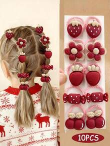 10pcs/Set Colorful Flower & Fruit Hair Scrunchies, Elastic Hair Ties For Girls, Suitable For Daily Wear - Multicolor - View 6