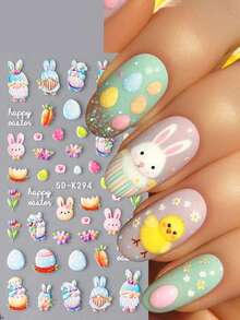2 piezas Pegatinas de arte de uñas de 5D con huevos de Pascua y conejos de dibujos animados, pegatinas decorativas de huevos de Pascua y conejos de colores para celebración de Pascua, decoraciones de uñas con láminas de Pascua, suministros para uñas - Multicolor - Ver 3