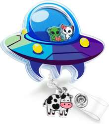 Plifal Badge Reel Holder Clip - Cute Blue Alien UFO Retractable ID Name Card Badge Reel With Charm Alligator Clip, Nurse Nursing Office Medical Worker Student Shaker Accessories Gifts - ColorA - 查看 1