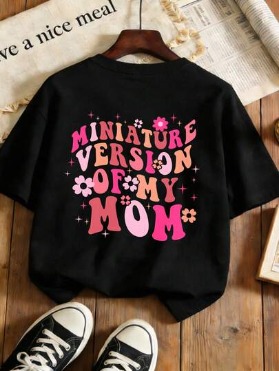 Girls' T-Shirt Top, Mini Version Of Mom's Printed Text Pattern, Mother's Day Gift, Cute And Casual Style, Suitable For Spring, Summer, Autumn And Winter, Daily Wear, School And Playing, Round Neck Short Sleeve Top For Girls.