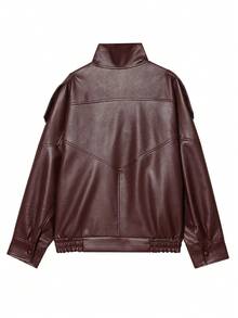 Women's Black PU Leather Jacket, Long Sleeve Zip-Up Bomber Jacket, Autumn/Winter Outerwear, Street Style - Burgundy - View 6