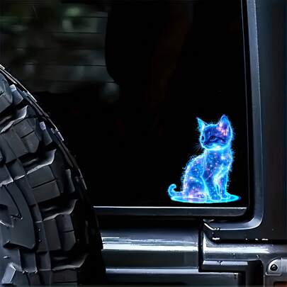 蓝色猫咪乙烯基贴纸 - 迷人的星空设计，耐用的PVC防刮贴纸，适用于汽车、笔记本电脑和摩托车，笔记本电脑装饰 | 宇宙主题 | 耐用乙烯基材质，猫咪汽车贴纸