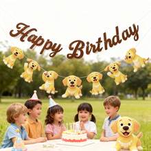 博美犬、柯基犬、比格犬、贵宾犬、金毛寻回犬、拉布拉多犬、斗牛犬幼犬宠物旗，生日快乐派对装饰横幅（带绒球字母） - 彩色 - 查看 10