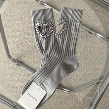 A Pair Of Spring And Summer Fashion Design Heart-Shaped Rhinestone Hollow Mid-Calf Socks, Versatile Style Suitable For Women To Wear - 1對-灰色B - 查看 2