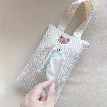 1 Lindo titular de pañuelos de tela con diseño de animal de dibujos animados, bolsa portátil con asa para almacenar toallitas húmedas, adecuado para uso en el automóvil y de viaje.